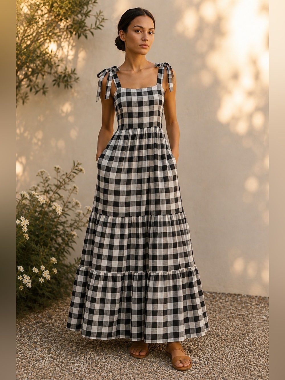 Sweet Lovely by Jen Black Gingham Maxi Dress L Tie Strap Smocked Pockets NWOT